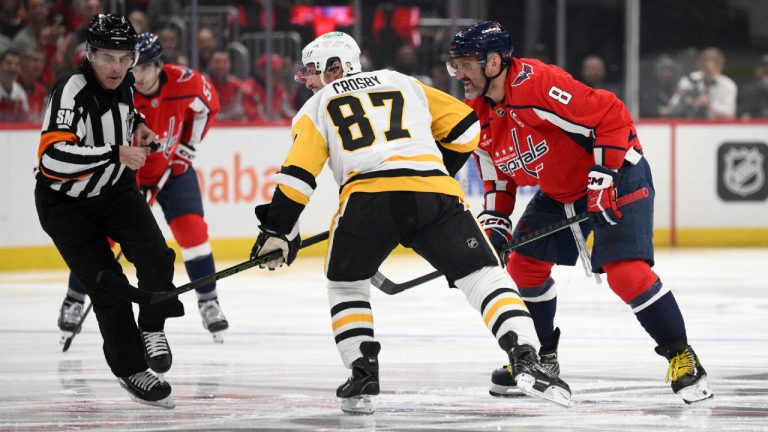 Washington Capitals left wing Alex Ovechkin (8) looks on after he faced off with Pittsburgh Penguins centre Sidney Crosby (87) during the first period of an NHL hockey game, Sunday, April 12, 2026, in Washington. (Nick Wass/AP)
