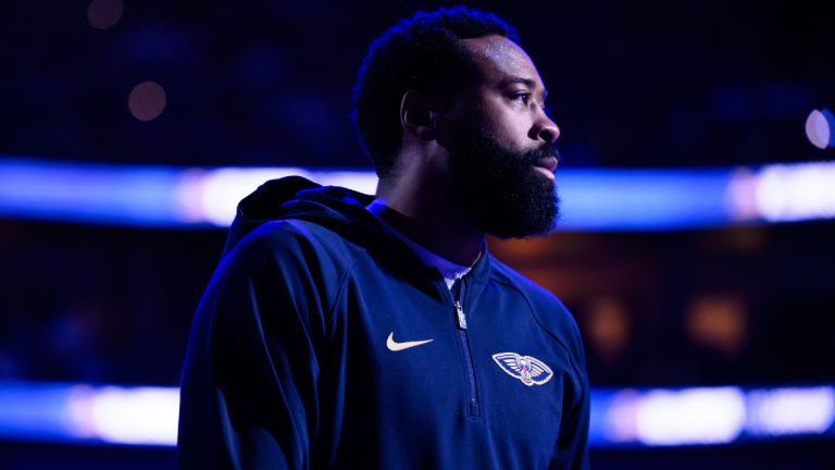 New Orleans Pelicans centre DeAndre Jordan (9) stands during the pregame of an NBA basketball game against the Dallas Mavericks in New Orleans, Monday, Mar. 16, 2026. (Ella Hall/AP)