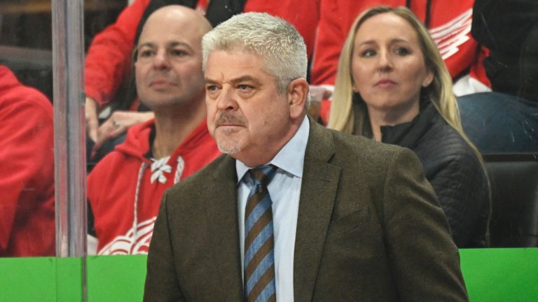 Detroit Red Wings head coach Todd McLellan watches during the first period of an NHL hockey game against the New Jersey Devils, Saturday, April 11, 2026, in Detroit. (Jose Juarez/AP)
