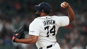 Detroit Tigers pitcher Kenley Jansen throws against the Kansas City Royals during the ninth inning of a baseball game Tuesday, April 14, 2026, in Detroit. (Paul Sancya/AP)