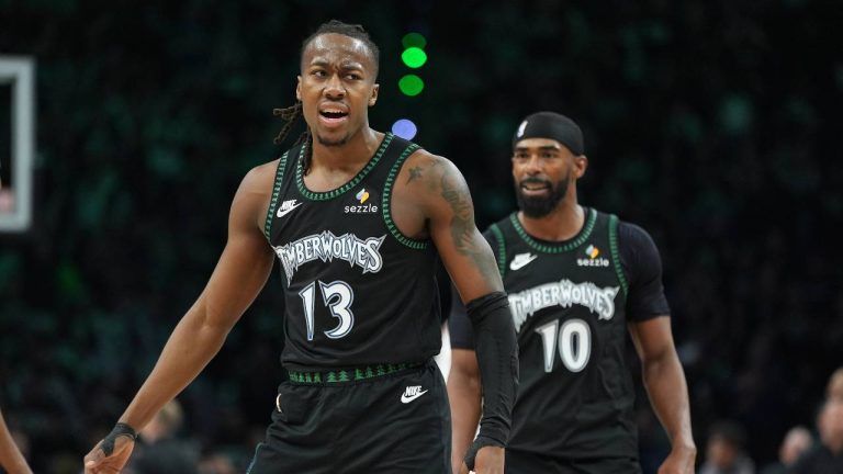 Minnesota Timberwolves guard Ayo Dosunmu (13) celebrates after making a 3-point basket during the second half of Game 4 of a first-round NBA basketball playoff series against the Denver Nuggets, Saturday, April 25, 2026, in Minneapolis. (Abbie Parr/AP)