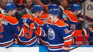 Edmonton Oilers' Zach Hyman (18) celebrates a goal against the Anaheim Ducks during first period first round Game 5 NHL playoff action in Edmonton on Tuesday, April 28, 2026. (Codie McLachlan/CP)