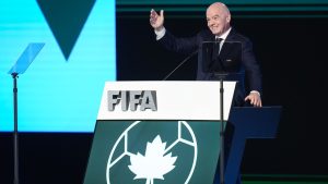 FIFA president Gianni Infantino speaks during the 76th FIFA Congress in Vancouver on Thursday, April 30, 2026. (Darryl Dyck/CP)