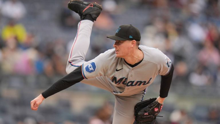 Miami Marlins pitcher Pete Fairbanks throws during the first inning of a baseball game against the New York Yankees, Sunday, April 5, 2026, in New York. (Seth Wenig/AP)