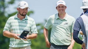 Brothers Alex, left, and Matt Fitzpatrick, second from left, of England, smile on the second hole during the final round of the PGA Zurich Classic of New Orleans golf tournament, Sunday, April 26, 2026, in Avondale, La. (AP/Matthew Hinton)