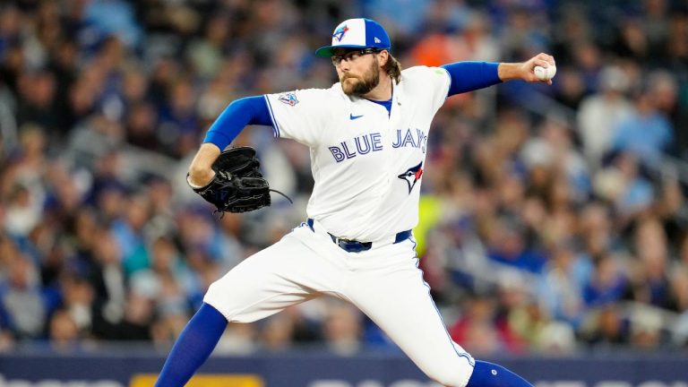 Toronto Blue Jays pitcher Josh Fleming (26) works during second inning MLB baseball action against the Los Angeles Dodgers, in Toronto on Monday, April 6, 2026. (Frank Gunn/CP)