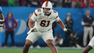 Miami offensive lineman Francis Mauigoa during the Fiesta Bowl NCAA college football playoff semifinal game against Mississippi, Thursday, Jan. 8, 2026, in Glendale, Ariz. (AP/Rick Scuteri)