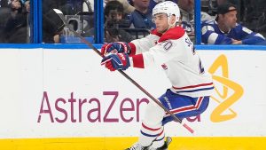 Montreal Canadiens left wing Juraj Slafkovsky (20) celebrates his goal against the Tampa Bay Lightning during overtime in Game 1 of an NHL hockey Stanley Cup first-round playoff series, Sunday, April 19, 2026, in Tampa, Fla. (AP Photo/Chris O'Meara)
