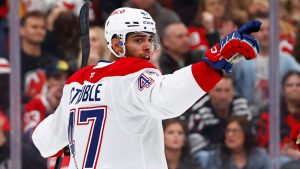Montreal Canadiens defenceman Jayden Struble reacts after scoring against the New Jersey Devils during the first period of an NHL hockey game, Saturday, April 4, 2026, in Newark, N.J. (AP Photo/Noah K. Murray)