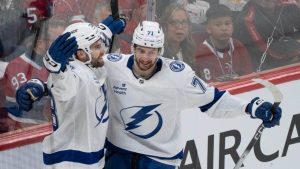 Tampa Bay Lightning's Brandon Hagel (38) celebrates his goal over the Montreal Canadiens with teammate Anthony Cirelli (71) during second period NHL playoff hockey action in Montreal on Friday, April 24, 2026. (Christinne Muschi/CP)