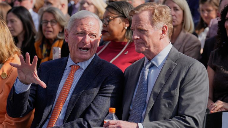 Jimmy Haslam, left, one of the principal owners of the Cleveland Browns, talks with NFL Commissioner Roger Goodell, right, before groundbreaking ceremonies for the new Browns stadium in Brook Park, Ohio, Thursday, April 30, 2026. (Sue Ogrocki/AP)