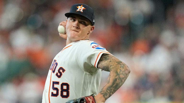 Houston Astros starting pitcher Hunter Brown throws against the Los Angeles Angels during the first inning of an opening-day baseball game Thursday, March 26, 2026, in Houston. (David J. Phillip/AP)