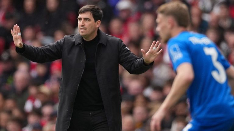 Bournemouth's head coach Andoni Iraola reacts during the Premier League soccer match between Arsenal and Bournemouth in London, England Saturday, April 11, 2026. (Dave Shopland/AP)