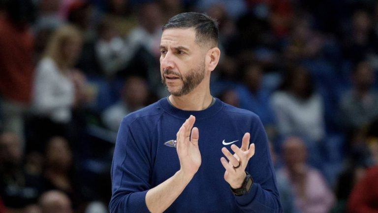 New Orleans Pelicans interim head coach James Borrego reacts during the first half of an NBA basketball game against the Utah Jazz in New Orleans, Tuesday, April 7, 2026. (Matthew Hinton/AP)