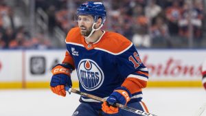 Edmonton Oilers' Jason Dickinson (16) skates against the Carolina Hurricanes during second period NHL action, in Edmonton on Friday March 6, 2026. (Jason Franson/CP)