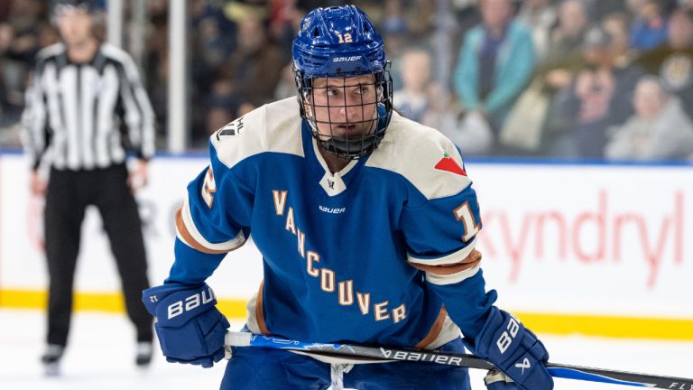 Vancouver Goldeneyes' Jenn Gardiner waits for a face off against the Toronto Sceptres during the third period of a PWHL hockey game in Vancouver, on Sunday, March 1, 2026. (Ethan Cairns/CP)