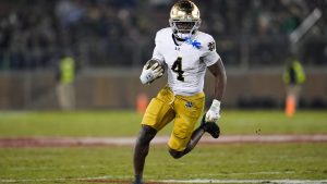 Notre Dame running back Jeremiyah Love (4) runs the ball during the second half of an NCAA college football game against Stanford, Saturday, Nov. 29, 2025, in Stanford, Calif. (Godofredo A. Vásquez/AP)