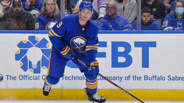 Buffalo Sabres centre Josh Norris (9) skates with the puck during the second period of an NHL hockey game against the New York Rangers in Buffalo, N.Y., Thursday, Oct. 9, 2025. (Adrian Kraus/AP)