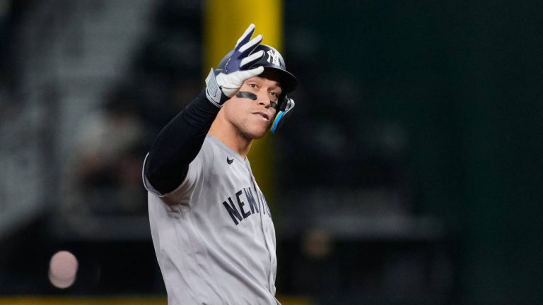New York Yankees' Aaron Judge celebrates his double in the seventh inning of a baseball game against the Texas Rangers Monday, April 27, 2026, in Arlington, Texas. (Tony Gutierrez/AP)