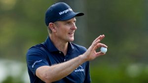 Justin Rose, of England, waves after his putt on the eighth hole during the final round of the Masters golf tournament at the Augusta National Golf Club, Sunday, April 12, 2026, in Augusta, Ga. (Matt Slocum/AP)