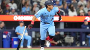Toronto Blue Jays' Kazuma Okamoto (7) sets off for first base after hitting a two-run RBI single off Boston Red Sox pitcher Brayan Bello (66) during third inning MLB baseball action in Toronto on Wednesday, April 29, 2026. (Chris Young/CP)