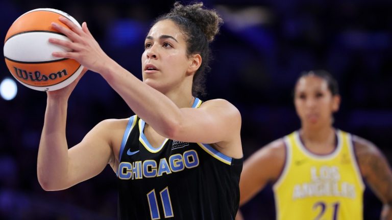 Chicago Sky guard Kia Nurse (11) prepares to shoot a free as Los Angeles Sparks center Mercedes Russell (21) watches during the first half of a WNBA basketball game, Sunday, June 29, 2025, in Los Angeles. (AP Photo/Jessie Alcheh)