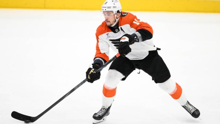 Philadelphia Flyers right wing Travis Konecny (11) in action during the third period of an NHL hockey game against the Washington Capitals, Tuesday, March 31, 2026, in Washington. (Nick Wass/AP)