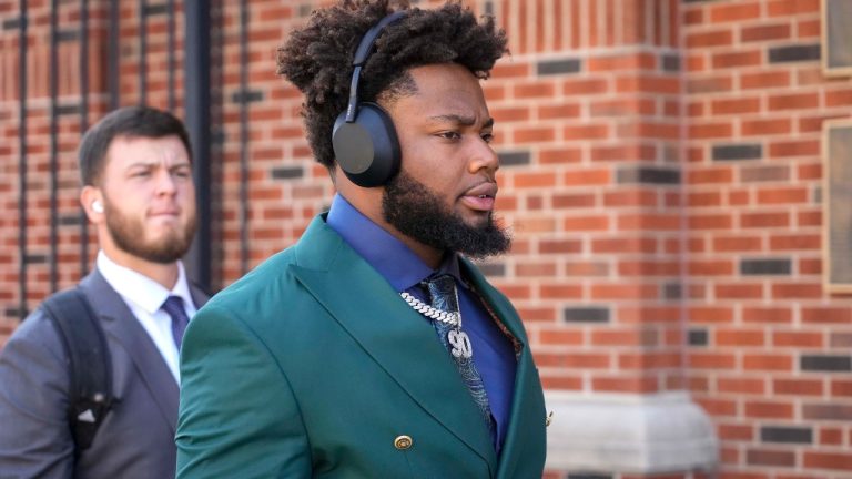 Former Rutgers defensive lineman Rene Konga makes his way to the visiting locker room before an NCAA college football game against Iowa, Saturday, Nov. 11, 2023, in Iowa City, Iowa. (AP/Bryon Houlgrave)