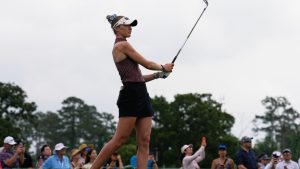 Nelly Korda watches her tee shot on the second hole during the final round of the Chevron Championship LPGA golf tournament Sunday, April 26, 2026, in Houston. (AP/David J. Phillip)