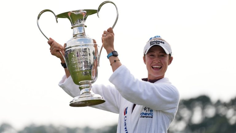 Nelly Korda poses with the trophy after winning the Chevron Championship LPGA golf tournament Sunday, April 26, 2026, in Houston. (Ashley Landis/AP)