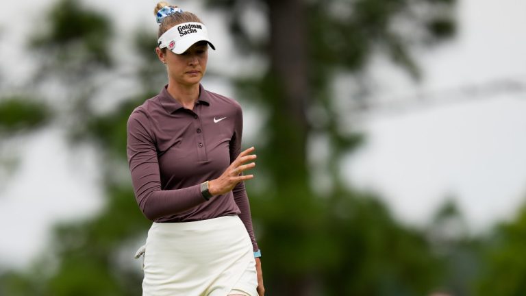 Nelly Korda waves after making a putt on the ninth hole during the second round of the Chevron Championship LPGA golf tournament Friday, April 24, 2026, in Houston. (AP Photo/David J. Phillip)