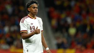 Spain's Lamine Yamal reacts during the international friendly soccer match between Spain and Egypt in Barcelona, Spain, Tuesday, March 31, 2026. (AP Photo/Joan Monfort)