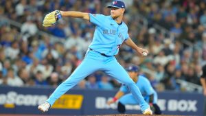 Toronto Blue Jays pitcher Eric Lauer (56) works against the Boston Red Sox during first inning MLB baseball action in Toronto, on Wednesday, April 29, 2026. (Chris Young/CP)