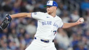 Toronto Blue Jays pitcher Eric Lauer pitches against the Athletics during first inning American League action in Toronto on Sunday, March 29, 2026. (THE CANADIAN PRESS/Nathan Denette)