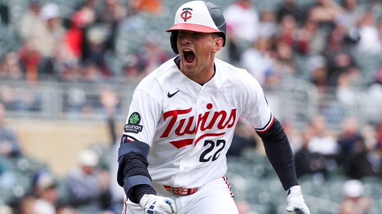 Minnesota Twins' Brooks Lee celebrates a two-run single against the Detroit Tigers during the eighth inning of baseball game, Thursday, April 9, 2026, in Minneapolis. (Matt Krohn/AP)