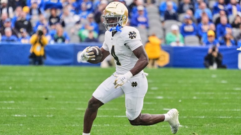 Notre Dame running back Jeremiyah Love carries the ball during the first half of an NCAA college football game against Pittsburgh in Pittsburgh Saturday, Nov. 15, 2025. (AP/Gene J. Puskar)