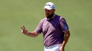 Shane Lowry, of Ireland, waves after his putt on the second hole during the third round of the Masters golf tournament at the Augusta National Golf Club, Saturday, April 11, 2026, in Augusta, Ga. (AP/David J. Phillip)