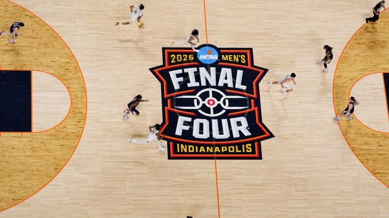 UConn and Michigan compete during the second half of the NCAA college basketball tournament national championship game at the Final Four, Monday, April 6, 2026, in Indianapolis. (AJ Mast/AP)