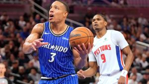 Orlando Magic guard Desmond Bane (3) looks for a shot as he gets in front of Detroit Pistons guard Ausar Thompson (9) during the second half of an NBA basketball game, Monday, April 6, 2026, in Orlando, Fla. (John Raoux/AP)