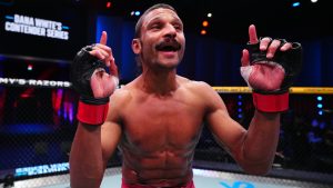 Mandel Nallo of Canada reacts after a TKO victory against Samuel Silva of Brazil in a lightweight fight during Dana White's Contender Series in Las Vegas. (Chris Unger/Zuffa LLC)