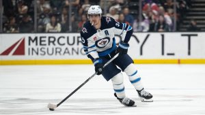 Winnipeg Jets center Mark Scheifele takes his stance during an NHL hockey game against the Anaheim Ducks, Friday, Feb. 27, 2026, in Anaheim, Calif. (Kyusung Gong/AP)