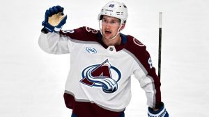 Colorado Avalanche's Martin Necas celebrates after scoring during the first period of an NHL hockey game against the Pittsburgh Penguins in Pittsburgh, Tuesday, March 24, 2026. (Gene J. Puskar/AP)