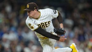San Diego Padres relief pitcher Mason Miller works against a Chicago Cubs batter during the ninth inning of a baseball game Monday, April 27, 2026, in San Diego. (Gregory Bull/AP)