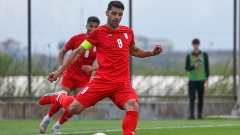 Iran's Mehdi Taremi shoots a penalty kick to score his side's second goal during a friendly soccer match between Iran and Costa Rica, in Antalya, southern Turkey, Tuesday, March 31, 2026. (AP/Riza Ozel)
