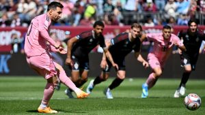 Inter Miami forward Lionel Messi, left, scores on a penalty kick in the first half of an MLS soccer game against the Colorado Rapids, Saturday, April 18, 2026, in Denver. (Geneva Heffernan/AP)