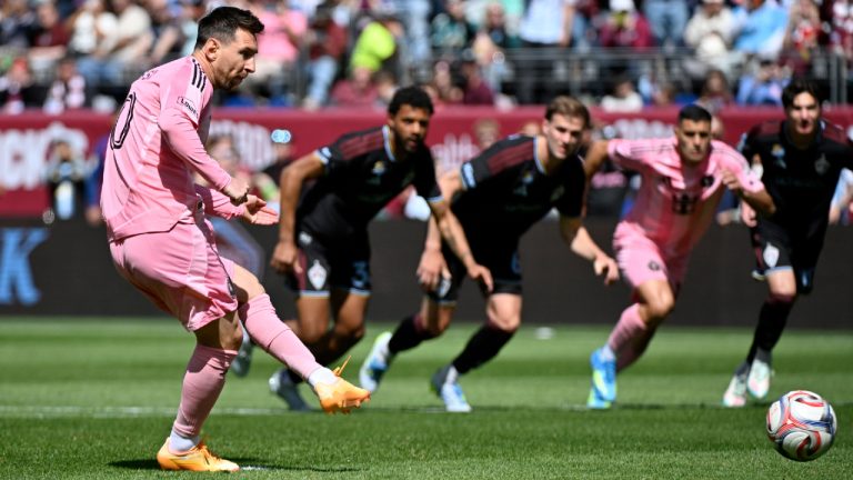 Inter Miami forward Lionel Messi, left, scores on a penalty kick in the first half of an MLS soccer game against the Colorado Rapids, Saturday, April 18, 2026, in Denver. (Geneva Heffernan/AP)