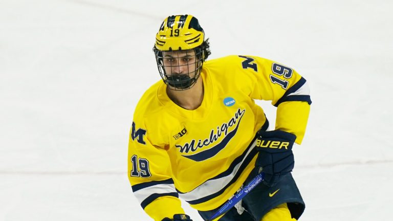 Michigan forward Michael Hage (19) during an NCAA hockey regional game against Minnesota Duluth, Sunday, March 29, 2026 in Albany, N.Y. Michigan won 4-3. (Vera Nieuwenhuis/AP)