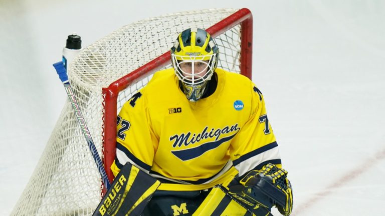 Michigan goaltender Jack Ivankovic (72) during an NCAA hockey regional game against Minnesota Duluth, Sunday, March 29, 2026 in Albany, N.Y. Michigan won 4-3. (Vera Nieuwenhuis/AP)
