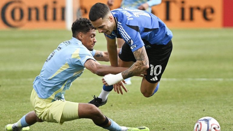 CF Montreal's Ivan Jaime (10) is upended by Philadelphia Union's Japhet Sery (5) during first half MLS soccer action in Montreal, Saturday, April 11, 2026. (Graham Hughes/CP)