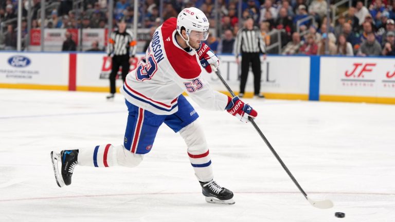 Montreal Canadiens' Noah Dobson (53) shoots during the first period of an NHL hockey game against the St. Louis Blues Saturday, Jan. 3, 2026, in St. Louis. (Jeff Roberson/AP)